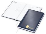 Buchkalender: Klassischer Buchkalender im A5-Format mit 352 Seiten, wattiertem Hardcover und individueller Veredelung (100 × 50 mm) – inklusive Prägung Dunkelblau | Gold