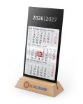 Tischkalender (3-Monatskalender): Premium-Tisch-Aufstellkalender aus Buchenholz mit schwarzer Kartonrückwand, 2-Jahres-Kalendarium und individueller Werbefläche – inklusive Siebdruck-Digital Schwarz