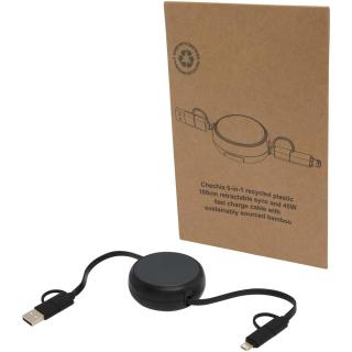 Alasia 5-in-1 100 cm recycled plastic and aluminium retractable data sync and 45W fast charge cable 
