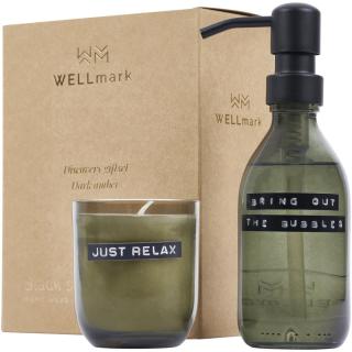 Wellmark Discovery 200 ml hand soap dispenser and 150 g scented candle set - dark amber fragrance 