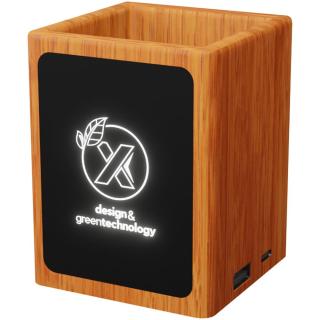 SCX.design O12 wooden light-up logo pencil holder with dual USB output 