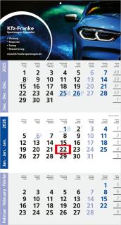 3-Monatskalender (Einblatt): Moderner portooptimierter Einblatt-Monatskalender mit Design-Kalendarium in Blau und großzügiger Werbefläche – inklusive 4C-Digitaldruck 