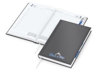 Buchkalender: Premium-A5-Buchkalender mit Registerstanzung, 416 Seiten, wattiertem Hardcover und brillanter Veredelung (100 × 50 mm) – inklusive Siebdruck-Digital 