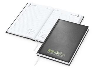 Buchkalender: A5-Buchkalender mit 416 Seiten, hochwertigem Hardcover und individueller Werbefläche (100 × 50 mm) – inklusive Siebdruck-Digital 