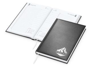 Buchkalender: Buchkalender im A5-Format mit 416 Seiten, wattiertem Hardcover und individueller Veredelung (100 × 50 mm) – inklusive Prägung 