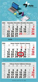 3-Monatskalender (Mehrblock): Klassischer Mehrblock-Monatskalender mit Werbefläche auf der kompletten Rückwand und perforierten Kalenderblöcken – inklusive 4C-Digitaldruck 