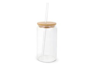 Glas mit Bambusdeckel & Strohhalm 450ml 