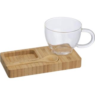 bamboo tray with spoon and glass mug ROSA Fawn