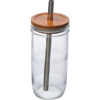 Glass mug with bamboo lid and straw 