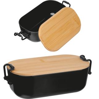 Lunchbox with bamboo lid and clamp closure. 