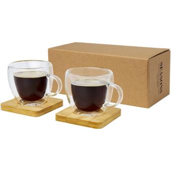 Manti 2-piece 100 ml double-wall glass cup with bamboo coaster Transparent