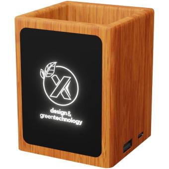 SCX.design O12 wooden light-up logo pencil holder with dual USB output Timber