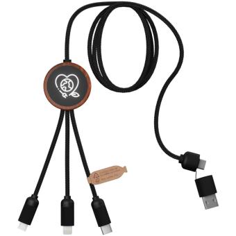 SCX.design C37 5-in-1 rPET light-up logo charging cable with round wooden casing Timber