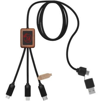 SCX.design C38 5-in-1 rPET light-up logo charging cable with squared wooden casing Red