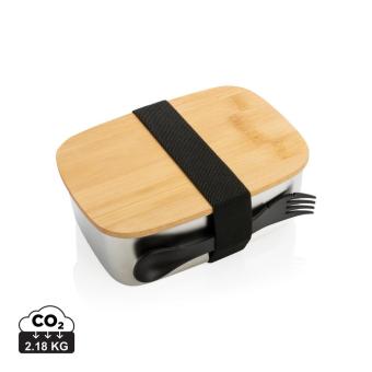 XD Collection Stainless steel lunchbox with bamboo lid and spork Silver