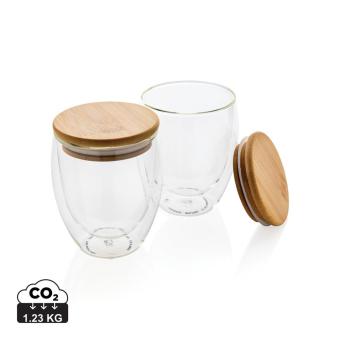 XD Collection Double wall borosilicate glass with bamboo lid 250ml 2pc set Transparent