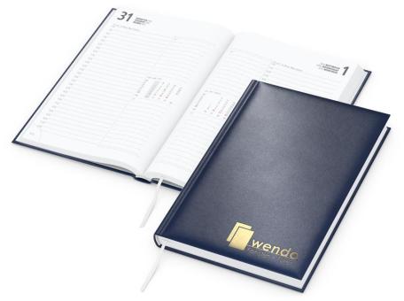 Buchkalender: Klassischer Buchkalender im A5-Format mit 352 Seiten, wattiertem Hardcover und individueller Veredelung (100 × 50 mm) – inklusive Prägung Dunkelblau | Gold