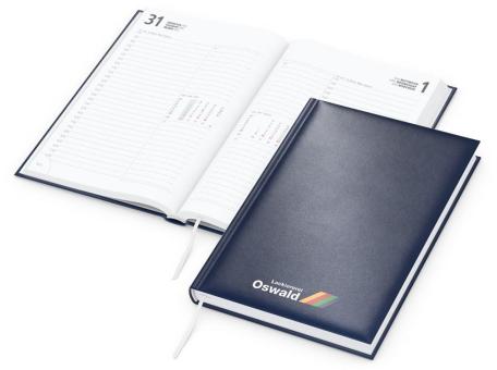 Buchkalender: Klassischer Buchkalender im A5-Format mit 352 Seiten, wattiertem Hardcover und individuell gestaltbarer Werbefläche (100 × 50 mm) – inklusive Siebdruck-Digital Dark blue