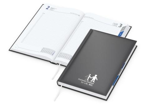 Buchkalender: Premium-A5-Buchkalender mit Registerstanzung, 416 Seiten, wattiertem Hardcover und individueller Veredelung (100 × 50 mm) – inklusive Prägung Anthracite | Silver