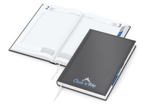 Buchkalender: Premium-A5-Buchkalender mit Registerstanzung, 416 Seiten, wattiertem Hardcover und brillanter Veredelung (100 × 50 mm) – inklusive Siebdruck-Digital Anthracite