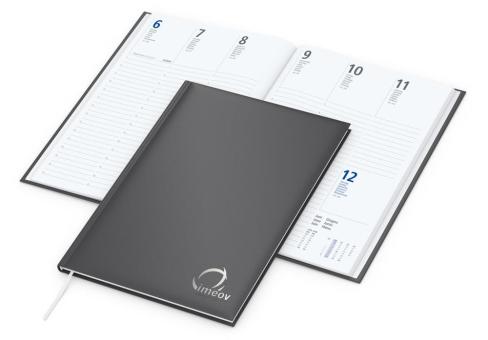 Wochenkalender (Buchkalender): Mittelformat-Wochentimer (175 × 245 mm) mit hochwertiger Veredelung und klassischem Kalendarium in Anthrazit/Blau – inklusive Prägung Anthracite | Silver