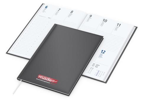 Wochenkalender (Buchkalender): Mittelformat-Wochentimer (175 × 245 mm) mit hochwertigem anthrazitfarbenem Design und Kalendarium in Anthrazit/Blau – inklusive Siebdruck-Digital Anthracite