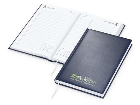 Buchkalender: A5-Buchkalender mit 416 Seiten, hochwertigem Hardcover und individueller Werbefläche (100 × 50 mm) – inklusive Siebdruck-Digital Dark blue