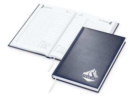 Buchkalender: Buchkalender im A5-Format mit 416 Seiten, wattiertem Hardcover und individueller Veredelung (100 × 50 mm) – inklusive Prägung Dark blue | Silver