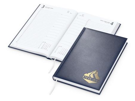 Buchkalender: Buchkalender im A5-Format mit 416 Seiten, wattiertem Hardcover und individueller Veredelung (100 × 50 mm) – inklusive Prägung Dark blue | Gold
