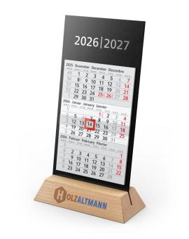 Tischkalender (3-Monatskalender): Premium-Tisch-Aufstellkalender aus Buchenholz mit schwarzer Kartonrückwand, 2-Jahres-Kalendarium und individueller Werbefläche – inklusive Siebdruck-Digital Schwarz