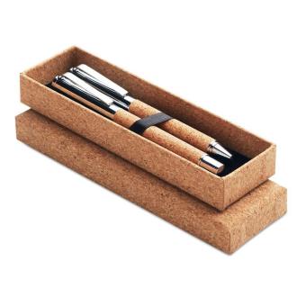 QUERCUS Metal Ball pen set in cork box Timber