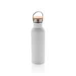 XD Collection Moderne Stainless-Steel Flasche mit Bambusdeckel Weiß