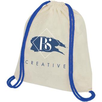 Oregon 100 g/m² cotton drawstring bag with coloured cords 5L Nature/dark blue