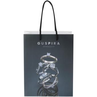 Handgefertigte 170 g/m² Integra-Papiertüte mit Kunststoff Kordelgriffen – 18 × 9 × 23 cm Weiß/schwarz
