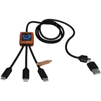 SCX.design C38 40W 5-in-1 Ladekabel aus rPET in quadratischem Bambusgehäuse mit Leuchtlogo Blau