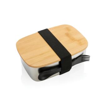 XD Collection Stainless steel lunchbox with bamboo lid and spork Silver