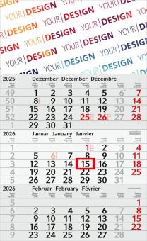 3-Monatskalender (Einblatt): Kalendarium aus Recyclingpapier mit dem Umweltzeichen „Blauer Engel“, großzügige Werbefläche – inklusive 4C-Digitaldruck Light grey | Red
