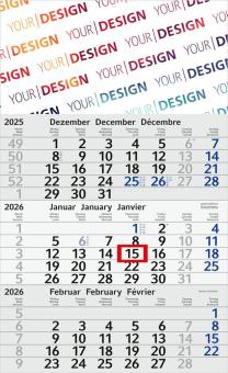 3-Monatskalender (Einblatt): Kalendarium aus Recyclingpapier mit dem Umweltzeichen „Blauer Engel“, großzügige Werbefläche – inklusive 4C-Digitaldruck Hellgrau | Blau