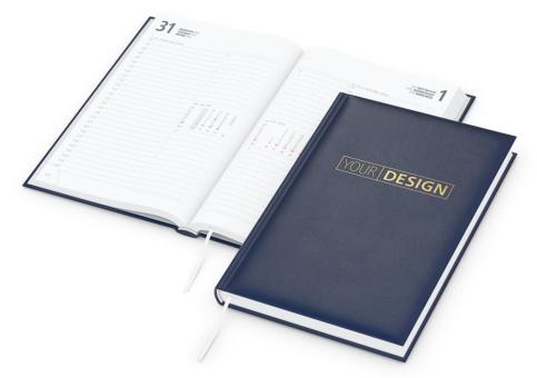 Buchkalender: Klassischer Buchkalender im A5-Format mit 352 Seiten, wattiertem Hardcover und individueller Veredelung (100 × 50 mm) – inklusive Prägung Dunkelblau | Gold