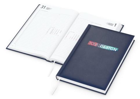 Buchkalender: Klassischer Buchkalender im A5-Format mit 352 Seiten, wattiertem Hardcover und individuell gestaltbarer Werbefläche (100 × 50 mm) – inklusive Siebdruck-Digital Dark blue