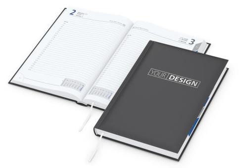 Buchkalender: Premium-A5-Buchkalender mit Registerstanzung, 416 Seiten, wattiertem Hardcover und individueller Veredelung (100 × 50 mm) – inklusive Prägung Anthracite | Silver