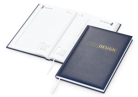 Buchkalender: Preiswerter Buchkalender im A5-Format mit wattiertem Hardcover und 320 Seiten – inklusive Prägung Dark blue | Gold