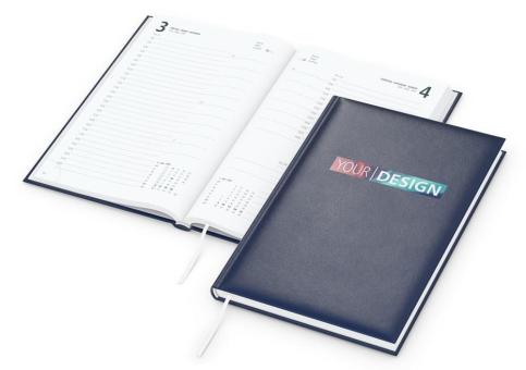 Buchkalender: Buchkalender im A5-Format mit wattiertem Hardcover und 320 Seiten – inklusive Siebdruck-Digital Dark blue