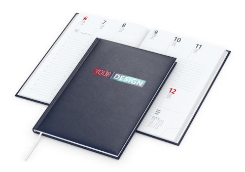 Wochenkalender als Werbeartikel mit Hardcover. DIN A5. Deutsch (D/GB/F). 1 Woche = 2 Seiten. Inkl. Siebdruck-Digital. Lieferzeit 3 AT. Dark blue