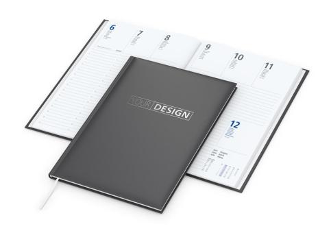 Wochenkalender (Buchkalender): Mittelformat-Wochentimer (175 × 245 mm) mit hochwertiger Veredelung und klassischem Kalendarium in Anthrazit/Blau – inklusive Prägung Anthracite | Silver