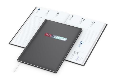 Wochenkalender (Buchkalender): Mittelformat-Wochentimer (175 × 245 mm) mit hochwertigem anthrazitfarbenem Design und Kalendarium in Anthrazit/Blau – inklusive Siebdruck-Digital Anthracite
