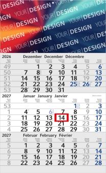 Einblatt-3-Monatskalender als Werbekalender zum Bedrucken. Deutsch (D/GB/F). Dünne, moderne Schrift. Inkl. 4C-Druck. Blau