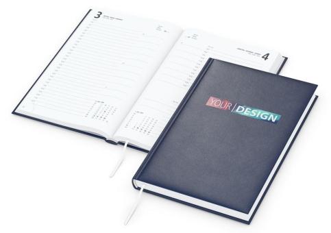 Buchkalender: A5-Buchkalender mit 416 Seiten, hochwertigem Hardcover und individueller Werbefläche (100 × 50 mm) – inklusive Siebdruck-Digital Dark blue