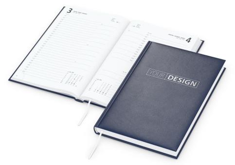 Buchkalender: Buchkalender im A5-Format mit 416 Seiten, wattiertem Hardcover und individueller Veredelung (100 × 50 mm) – inklusive Prägung Dark blue | Silver