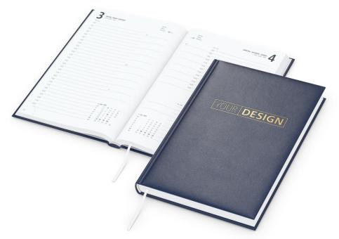 Buchkalender: Buchkalender im A5-Format mit 416 Seiten, wattiertem Hardcover und individueller Veredelung (100 × 50 mm) – inklusive Prägung Dark blue | Gold
